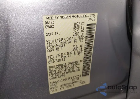 2016 Nissan Titan Xd S Diesel from USA, damaged, VIN 1N6BA1F11GN517524